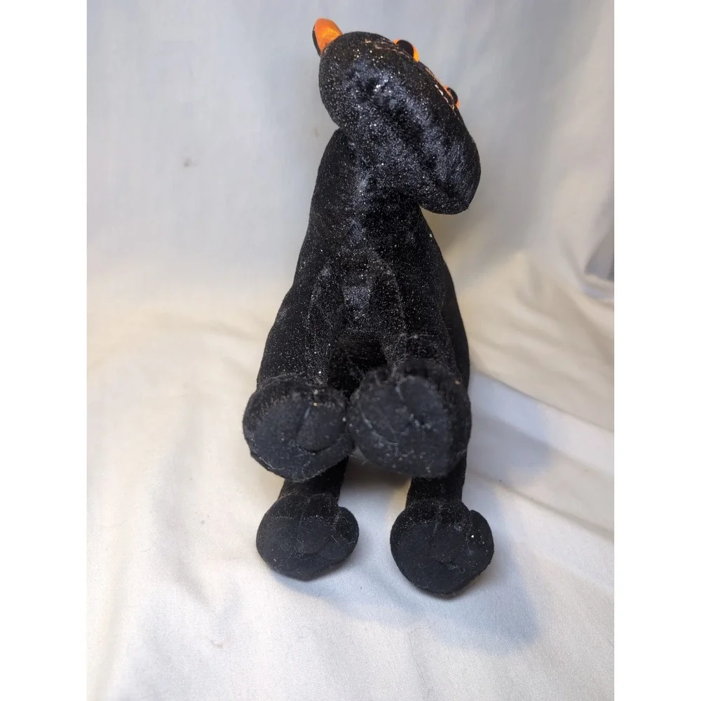 Vintage Arched Shimmery Black Cat Halloween Plush Doll Orange Eyes/Whiskers 12